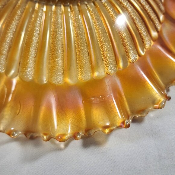 Vtg Northwood Carnival Glass Bowl Opalescent Orange Peach Ruffled Ribbed Pattern - Picture 8 of 9